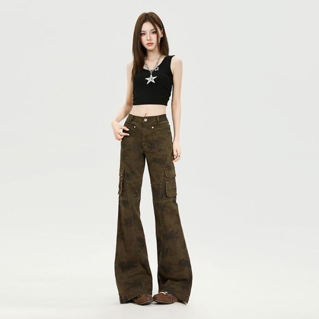 Mid Waist Camouflaged Flared Cargo Pants (Various Designs)