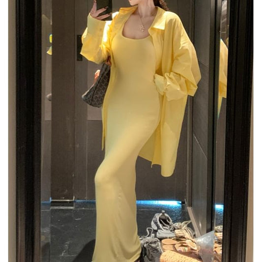 Square Neck Bodycon Maxi Dress - Sleeveless Long-Sleeve