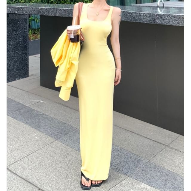 Square Neck Bodycon Maxi Dress - Sleeveless Long-Sleeve