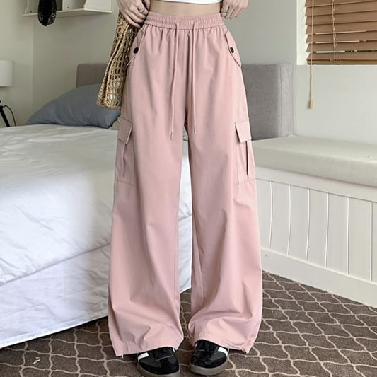 High Rise Plain Wide Leg Cargo Pants
