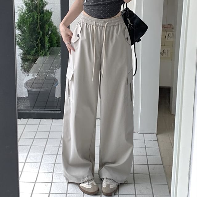 High Rise Plain Wide Leg Cargo Pants