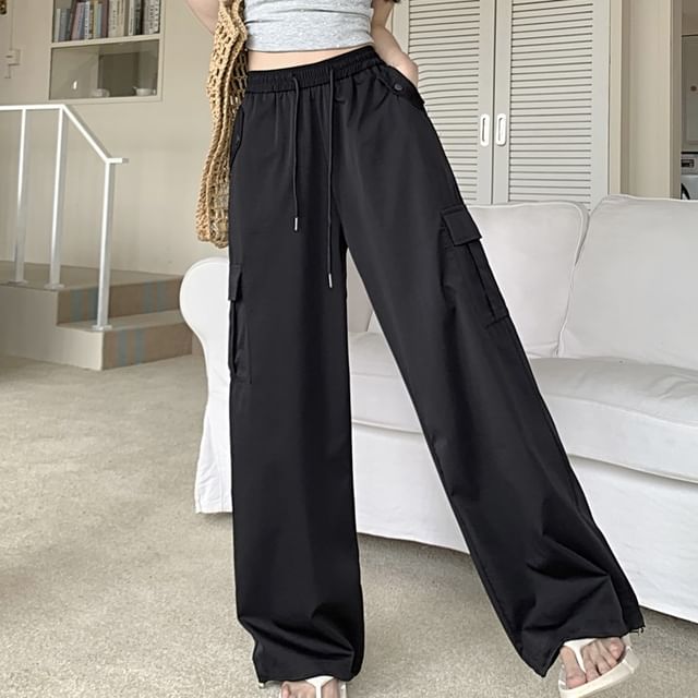 High Rise Plain Wide Leg Cargo Pants