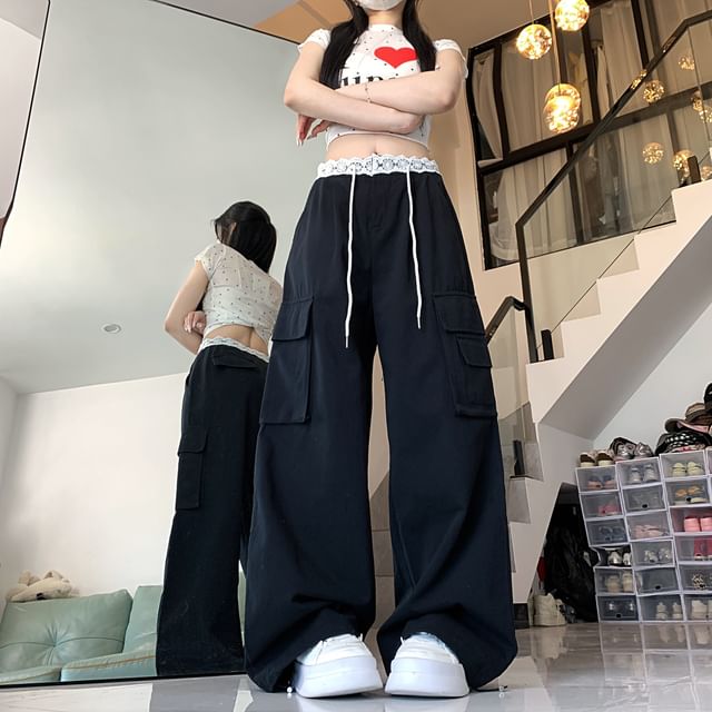 Mid Waist Panel Lace Baggy Cargo Pants