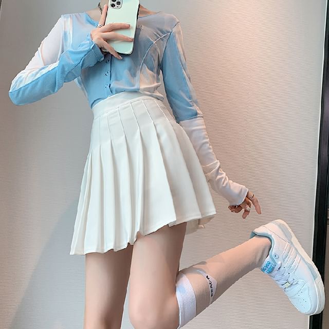 Pleated Mini Skirt with Solid Color and High Waist