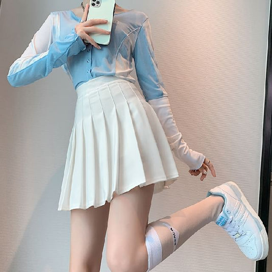 Pleated Mini Skirt with Solid Color and High Waist