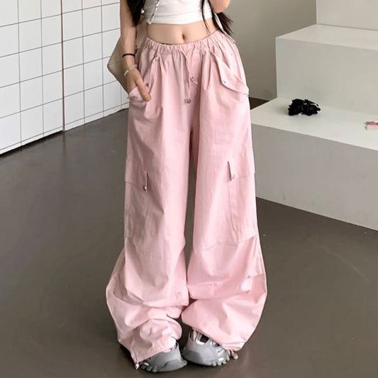 Drawstring Waist Plain Baggy Cargo Pants