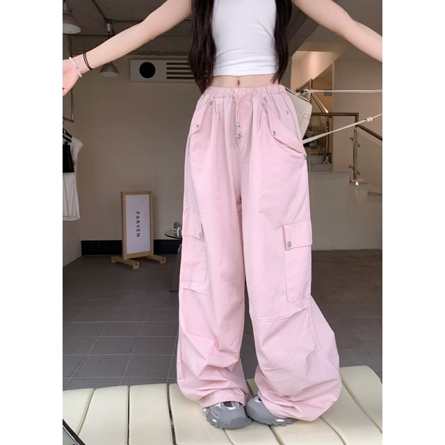 Drawstring Waist Plain Baggy Cargo Pants