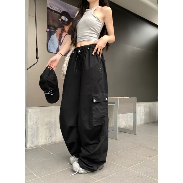 Drawstring Waist Plain Baggy Cargo Pants