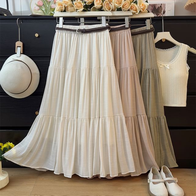 Elevated Waistline Solid Flared Maxi Skirt