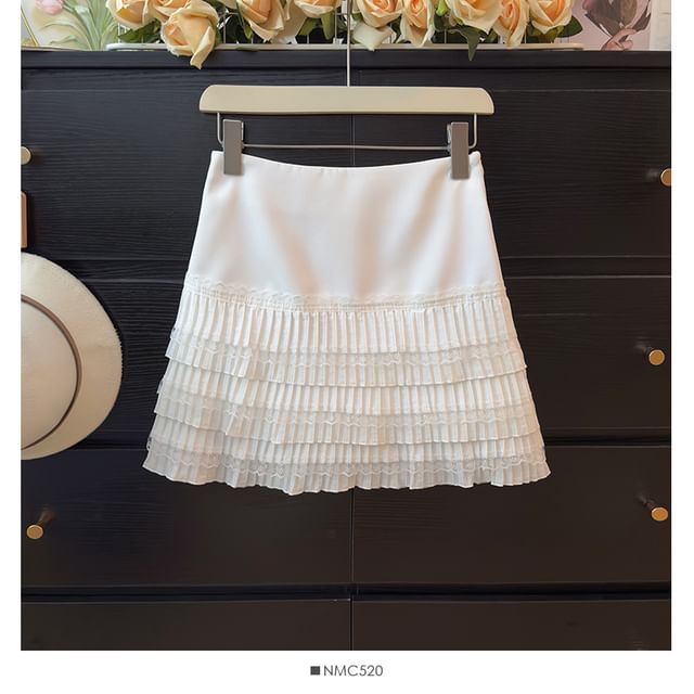 Lace-Trimmed Pleated Mini Skirt with High Rise