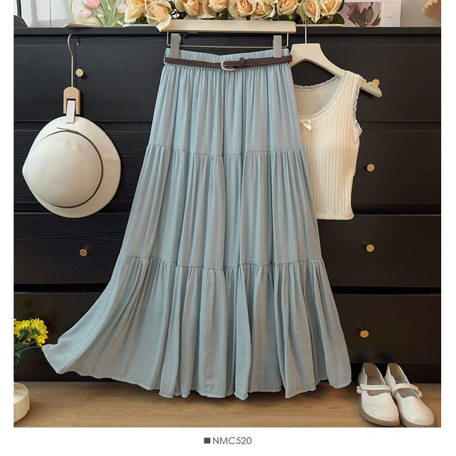 Elevated Waistline Solid Flared Maxi Skirt