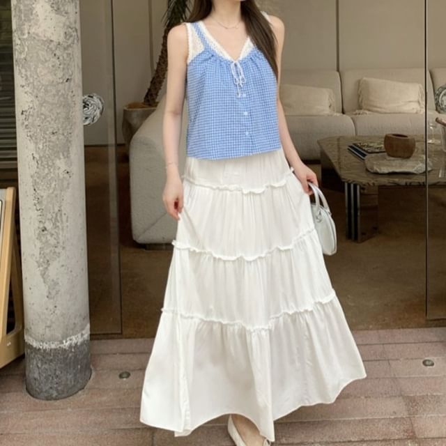 High-Waist Ruffle-Trim Maxi Skirt with Sleeveless Plaid Mock Two-Piece Top