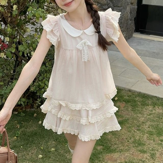 Ruffled Round Neck Short-Sleeve Top Paired with High-Rise Tiered Mini Skirt
