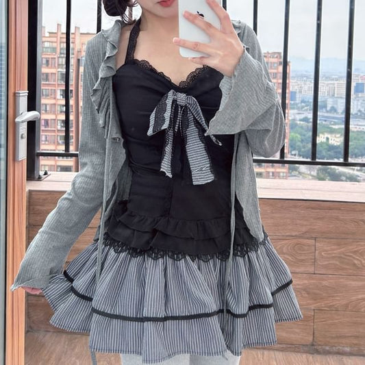 Lace Halter Camisole, Ruffled Crop Cardigan, and Striped Mini A-Line Skirt Set