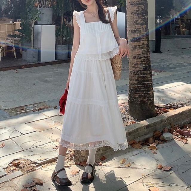 Lace-Trimmed Square Neck Sleeveless Crop Top with Matching High-Rise A-Line Skirt