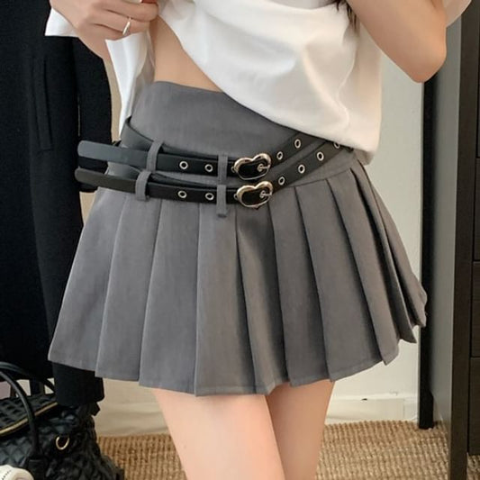 Double-Belted High-Waist Pleated Mini Skirt with Chic Detail