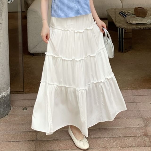 High-Waist Ruffle-Trim Maxi Skirt with Sleeveless Plaid Mock Two-Piece Top