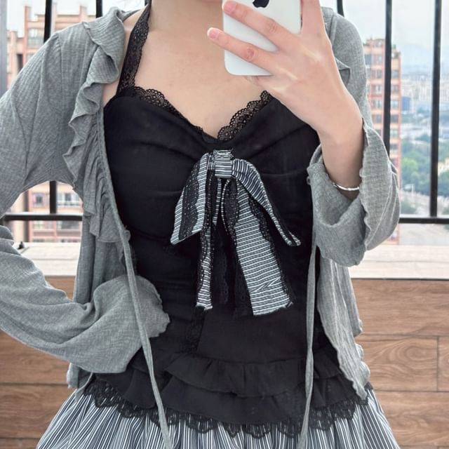 Lace Halter Camisole, Ruffled Crop Cardigan, and Striped Mini A-Line Skirt Set
