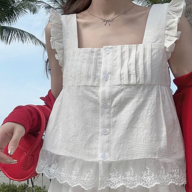 Lace-Trimmed Square Neck Sleeveless Crop Top with Matching High-Rise A-Line Skirt