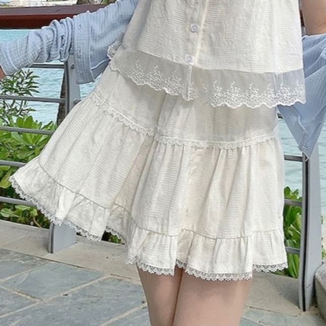 Lace-Trimmed Square Neck Sleeveless Crop Top with Matching High-Rise A-Line Skirt