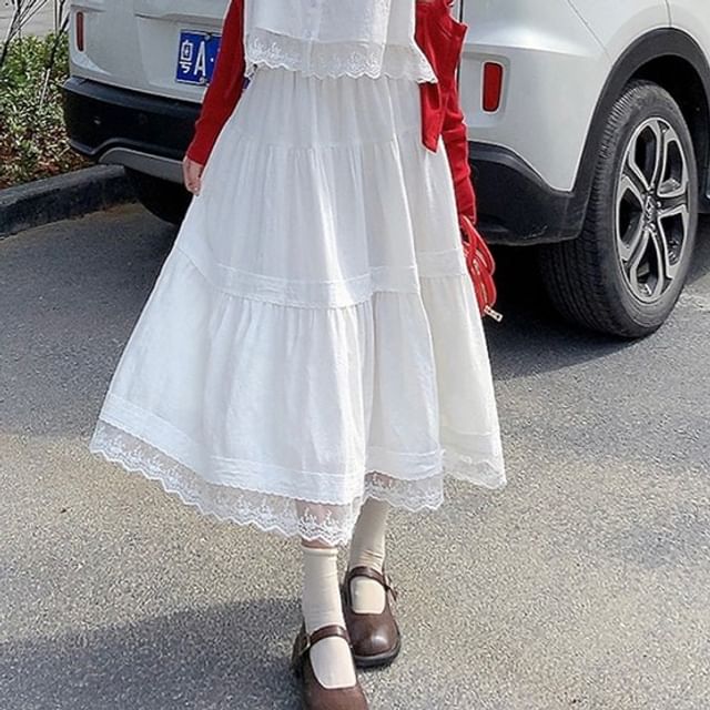 Lace-Trimmed Square Neck Sleeveless Crop Top with Matching High-Rise A-Line Skirt