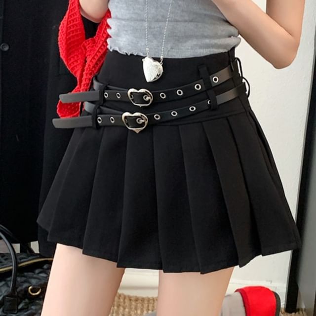 Double-Belted High-Waist Pleated Mini Skirt with Chic Detail