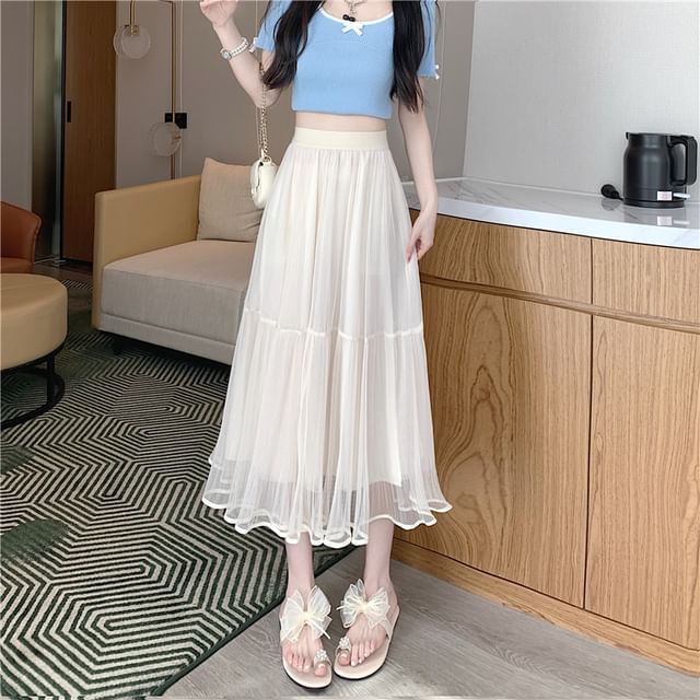 Mesh Flared Midi Skirt with High Rise