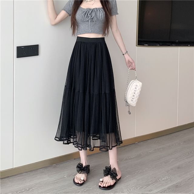 Mesh Flared Midi Skirt with High Rise