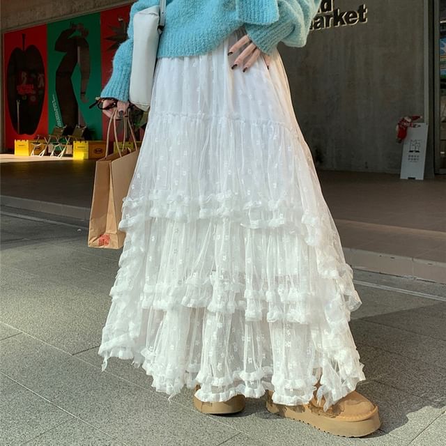 Elevated Mesh A-Line Maxi Skirt with High Waistband
