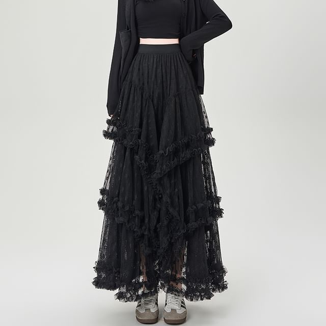 Elevated Mesh A-Line Maxi Skirt with High Waistband