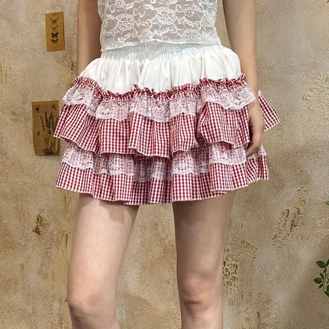 Plaid Layered Mini Skirt with Low Waist