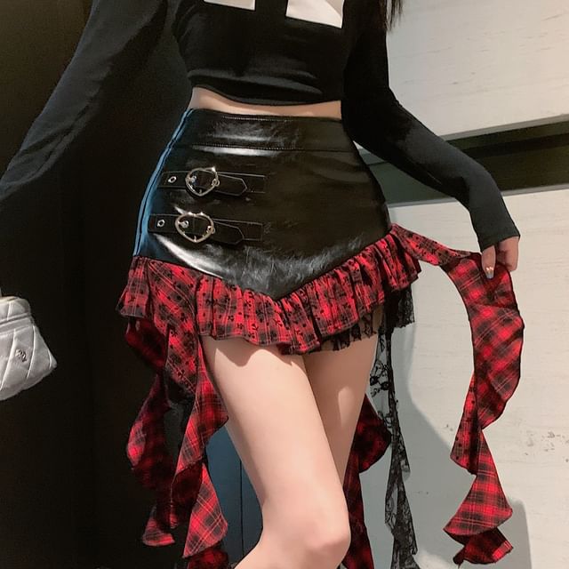 Asymmetric Mini Skirt with Plaid Panels and High Rise