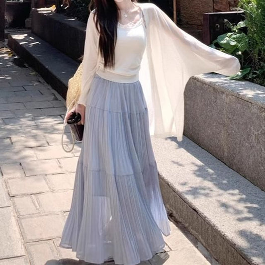 Lace Cami Top with Midi Skirt and Cardigan Set