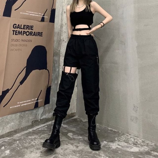 High Waist Plain Cutout Cropped Loose Fit Cargo Pants