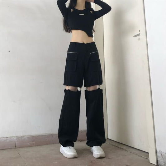 Mid Waist Plain Cutout Buckled Loose Fit Cargo Pants