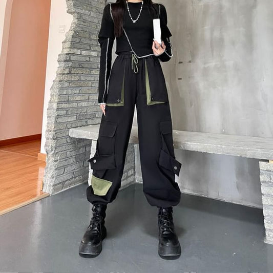 High Waist Two Tone Cropped Harem Cargo Pants