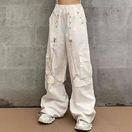 High Waist Plain Baggy Cargo Pants / Chain / Set