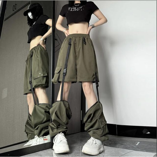 Elastic Waist Plain Cutout Buckled Loose Fit Cargo Pants
