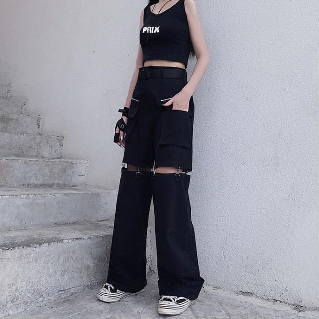 High Rise Plain Cutout Buckled Wide Leg Cargo Pants