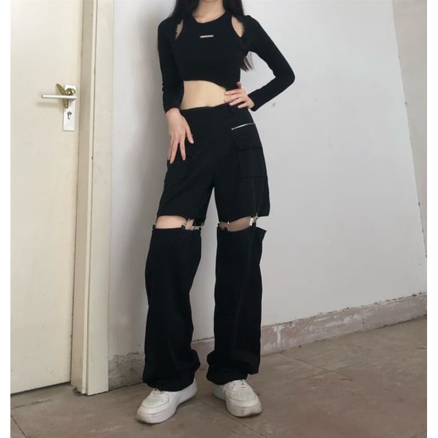 Mid Waist Plain Cutout Buckled Loose Fit Cargo Pants
