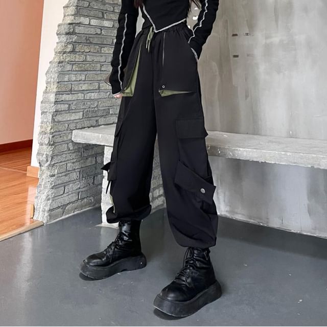 High Waist Two Tone Cropped Harem Cargo Pants