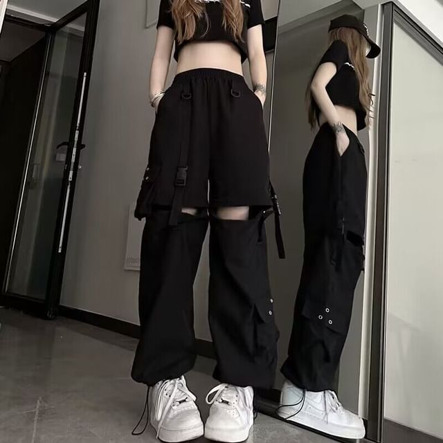 Elastic Waist Plain Cutout Buckled Loose Fit Cargo Pants