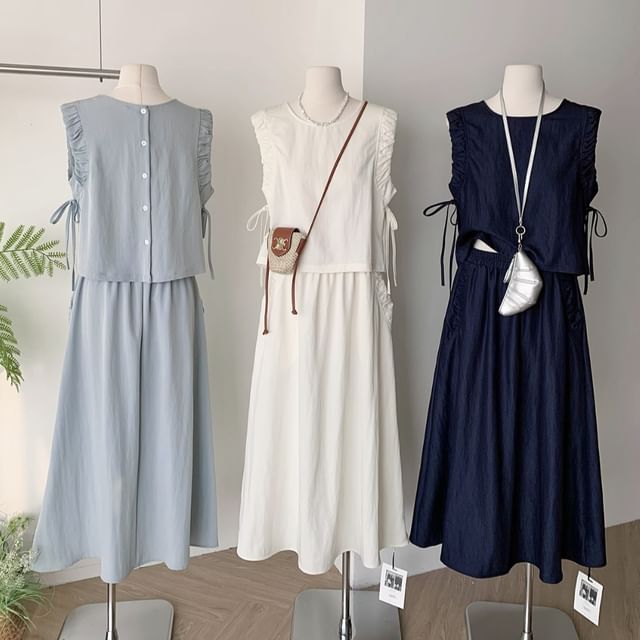 Sleeveless Ruffle-Trim Blouse with Drawstring and Elastic Waist Midi A-Line Skirt Set