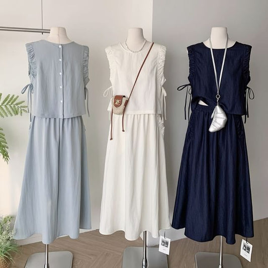 Sleeveless Ruffle-Trim Blouse with Drawstring and Elastic Waist Midi A-Line Skirt Set