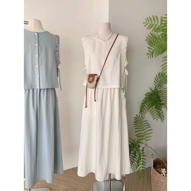 Sleeveless Ruffle-Trim Blouse with Drawstring and Elastic Waist Midi A-Line Skirt Set