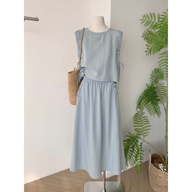 Sleeveless Ruffle-Trim Blouse with Drawstring and Elastic Waist Midi A-Line Skirt Set