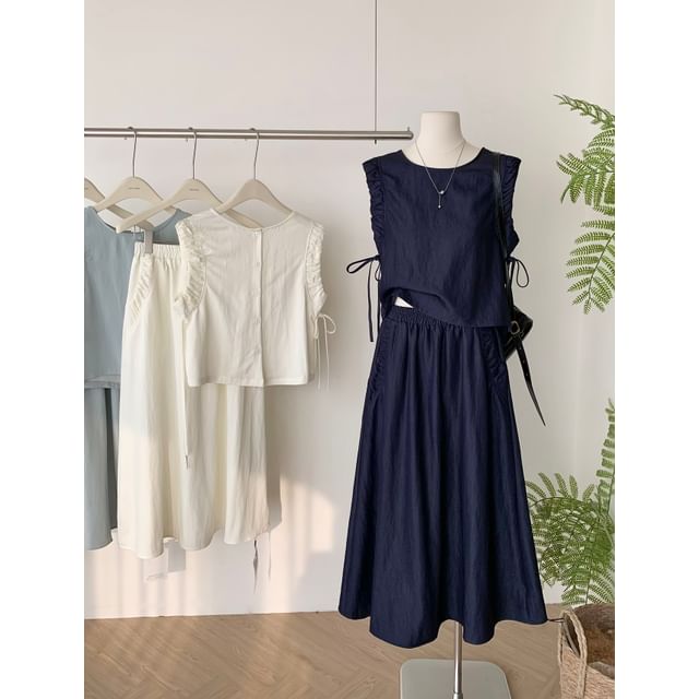 Sleeveless Ruffle-Trim Blouse with Drawstring and Elastic Waist Midi A-Line Skirt Set