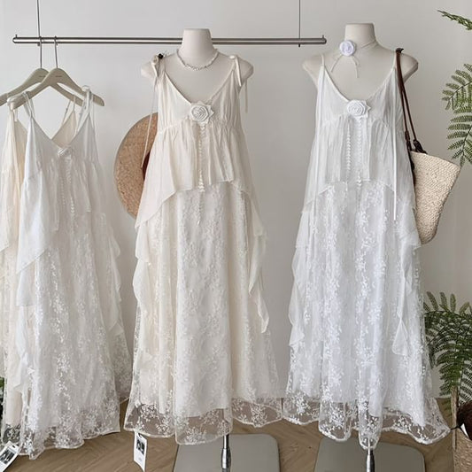 Lace A-Line Maxi Dress - V-Neck Spaghetti Strap