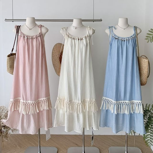 Fringed A-Line Maxi Dress - Sleeveless Plain