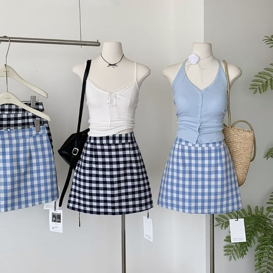 Plaid Mini A-Line Skirt with High Rise